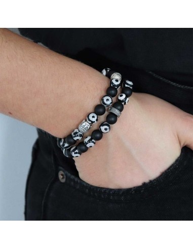 Bracelet double perles Dzi tibétaine et onyx, argent massif by Jadium