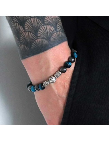 Bracelet Balinais en hematite et oeil de tigre bleu et argent massif