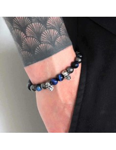 Elzy Duo skull, perles oeil de tigre bleu et hématite 2