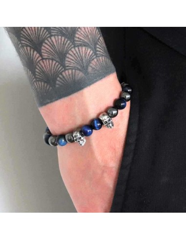 Bracelet perles hematite et oeil de tigre bleu et cranes argent massif