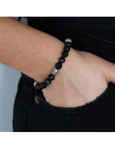 bracelet mirror buddha en perles agathe noire à facettes et argent 925