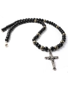 Collier homme en onyx noir, en pyrite autour de la Croix Jadium en argent massif