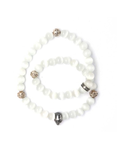 Bracelet skull double rang en perles oeil de chat et argent 925