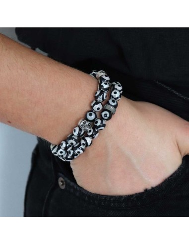 Bracelet Hadès Skull en double rang, perles Dzi tibétaines, skull et rondelle Jadium en argent 925