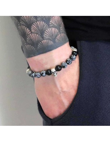 Bracelet en perles obsidienne flocon de neige et argent 925
