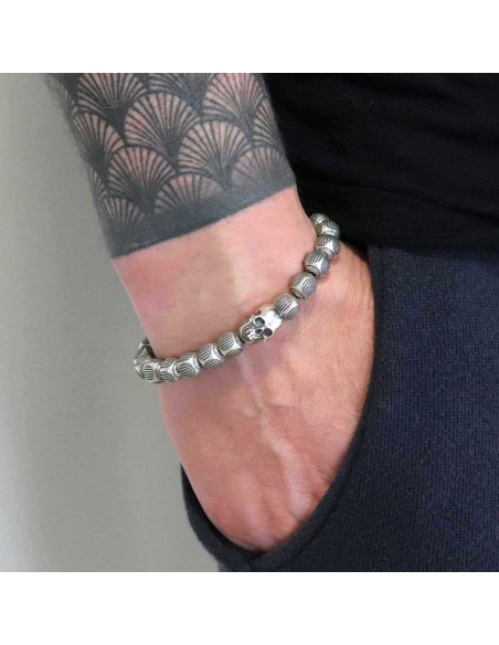 Bracelet exclusive, perles, skull et rondelle Jadium en argent massif