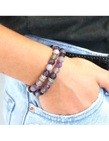Bracelet double rang en agate grise et améthyste, bouddha et rondelle en argent 925