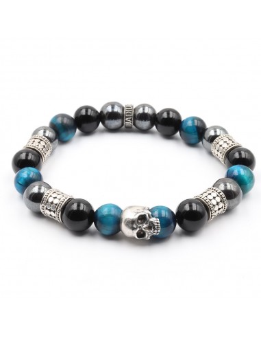 Bracelet Elzy Skull Precious en perles Hématite, Oeil de tigre bleu et Onyx noir, skull, rondelle et cylindre en argent massif