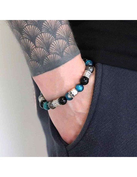 Bracelet Elzy Skull Precious en perles Hématite, Oeil de tigre bleu et Onyx noir, skull, rondelle et cylindre en argent massif
