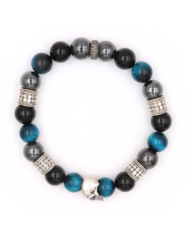 Bracelet Elzy Skull Precious en perles Hématite, Oeil de tigre bleu et Onyx noir, skull, rondelle et cylindre en argent massif