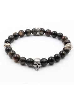 Bracelet en perles Obsidienne polie or, skull  Jadium en argent 950