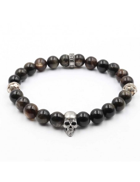 Bracelet en perles Obsidienne polie or, skull  Jadium en argent 950
