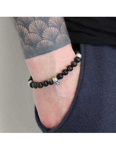 Bracelet en perles Obsidienne polie or, skull et rondelle Jadium en argent 925