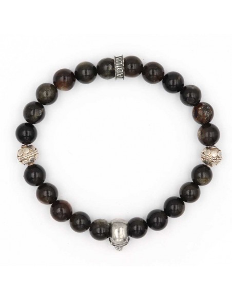 Bracelet en perles Obsidienne polie or, skull et rondelle Jadium en argent 925
