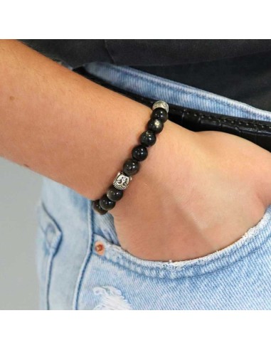Bracelet en perles Obsidienne polie or, bouddha et rondelle Jadium en argent 925