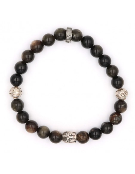 Bracelet en perles Obsidienne polie or, bouddha et rondelle Jadium en argent 925