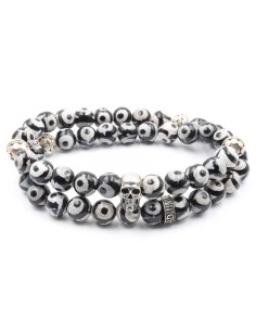 Bracelet Hadès Skull en double rang, perles Dzi tibétaines, skull et rondelle Jadium en argent 925