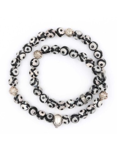 Bracelet Hadès Skull en double rang, perles Dzi tibétaines, skull et rondelle Jadium en argent 925