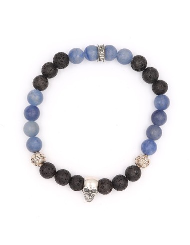 Bracelet en pierre de lave et aventurine bleu mat, skull et rondelle en argent 925