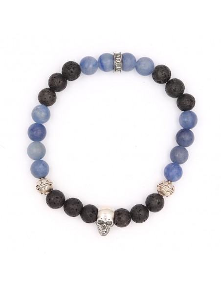 Bracelet en pierre de lave et aventurine bleu mat, skull et rondelle en argent 925