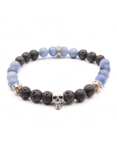 Bracelet en pierre de lave et aventurine bleu mat, skull et perles en argent 925