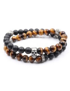 Bracelet Cornell skull en perles oeil de tigre et onyx noir mat, argent 925