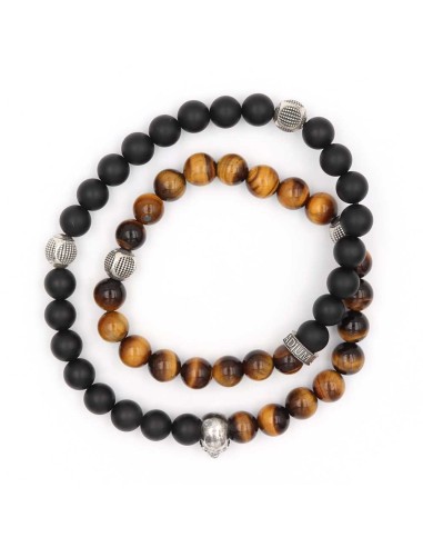 Bracelet Cornell skull en perles oeil de tigre et onyx noir mat, argent 925