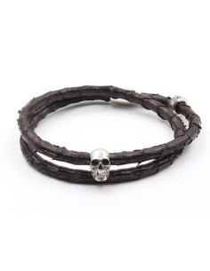Bracelet en python marron, skull et rondelle en argent 925