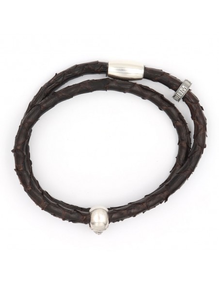 Bracelet en python marron, skull et rondelle en argent 925