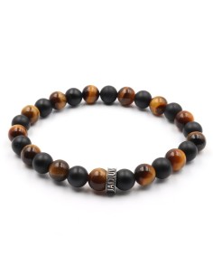 Bracelet Savannah Dark en perles Oeil de tigre et Onyx mat, rondelle en argent massif