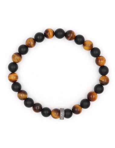 Bracelet Savannah Dark en perles Oeil de tigre et Onyx mat, rondelle en argent massif