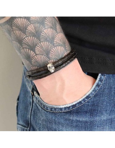 Bracelet en python marron, skull et rondelle en argent 925