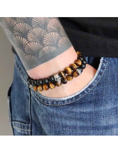 Bracelet Cornell skull en perles oeil de tigre et onyx noir mat, argent 925