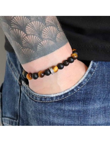 Bracelet Savannah Dark en perles Oeil de tigre et Onyx mat, rondelle en argent massif