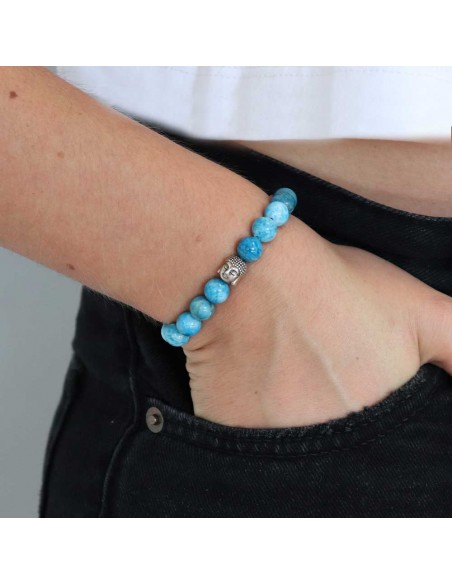 bracelet en argent massif bouddha et perles fines apatite bleu