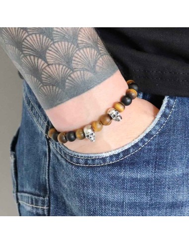 Bracelet Jadium Oeil de Tigre marron, onyx mat et crane argent 950