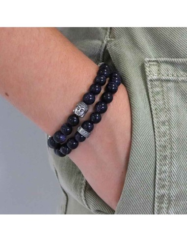 Bracelet Trinity Buddha en double rang, pierre de sable bleu et argent 925