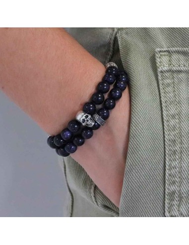 Bracelet Trinity Skull en double rang, pierre de sable bleu et argent 925