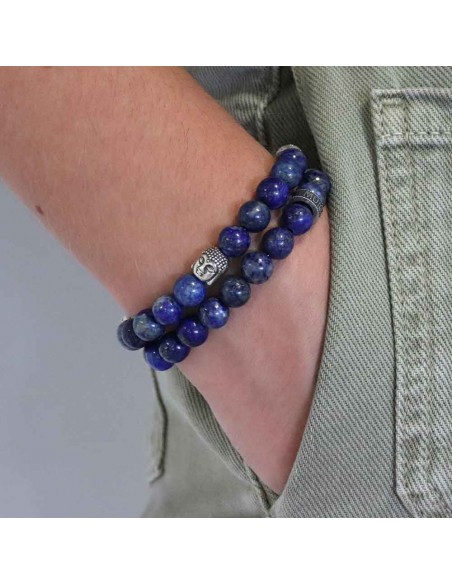 Bracelet Prophecy Buddha en double rang, perles Lapis Lazuli et argent 925