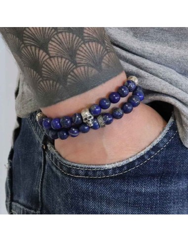 Bracelet Prophecy Skull en double rang, perles Lapis Lazuli et argent 925