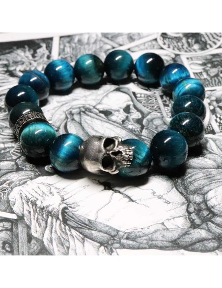 bracelet perles 14mm oeil de tigre bleu royal