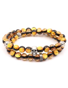 Bracelet 8mm perles de verre jaunes fluorescentes et crane en argent massif
