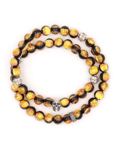 Bracelet 8mm perles de verre jaunes fluorescentes et crane en argent massif
