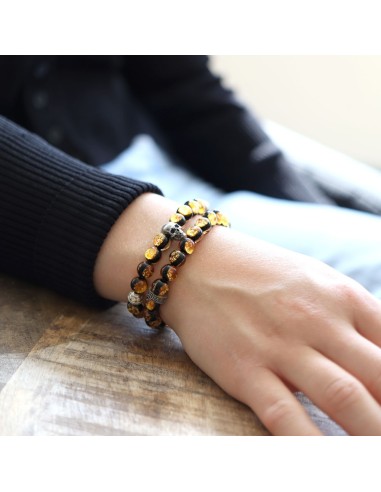 Bracelet 8mm perles de verre jaunes fluorescentes et crane en argent massif