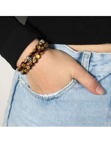 Bracelet 8mm perles de verre jaunes fluorescentes et crane en argent massif