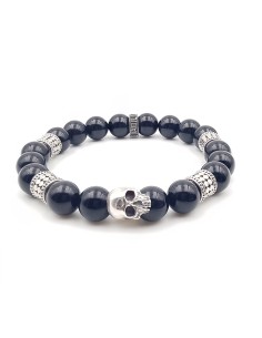 Bracelet onyx et crane argent massif