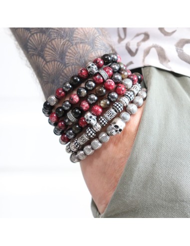 Bracelet skull et perles rares hématite, jaspe et obsidienne