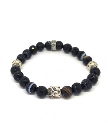 bracelet mirror buddha en perles agathe noire à facettes et argent 925