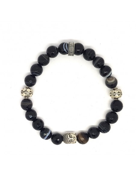bracelet mirror buddha en perles agathe noire à facettes et argent 925