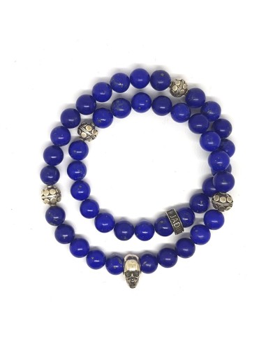 Bracelet Prophecy Skull en double rang, perles Lapis Lazuli et argent 925